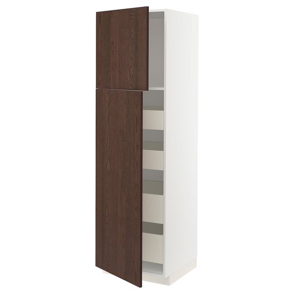 An open METOD kitchen cabinet with dark brown sinarp wood doors and white interior shelves.