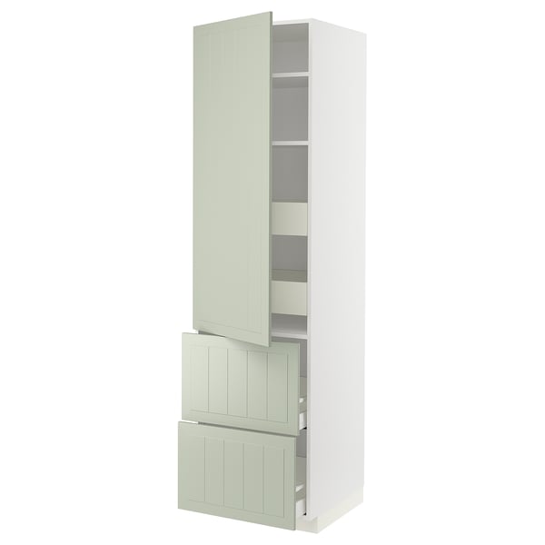 METOD kitchen unit in green. Tall cabinet with shelves and drawers, light wooden finish.