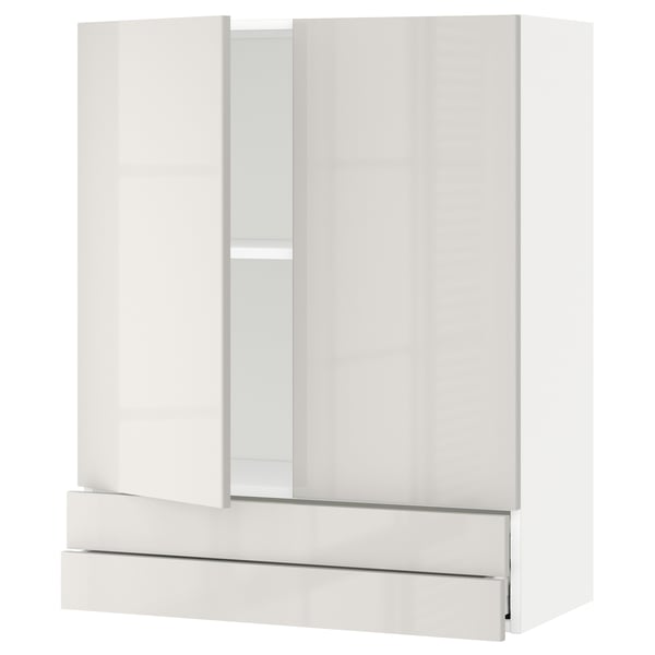 White modern kitchen cabinet with glass doors and drawers.
