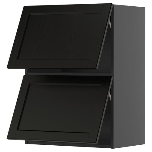 Black wooden kitchen cabinets with two angled doors, sleek and modern design.