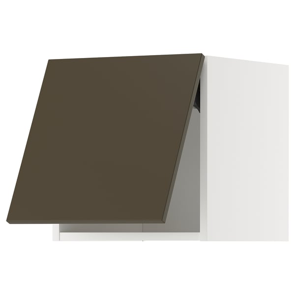 A dark brown kitchen cabinet with a slanted door from the METOD system.