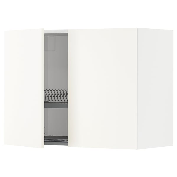 METOD kitchen unit in white with open door, steel dish drainer.