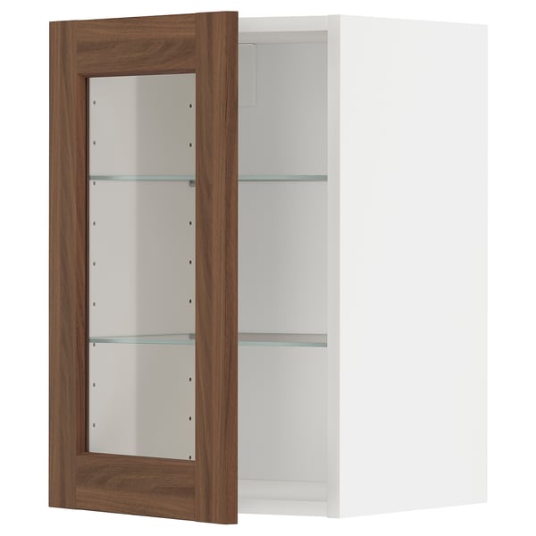 METOD walnut brown cabinet with glass shelves.