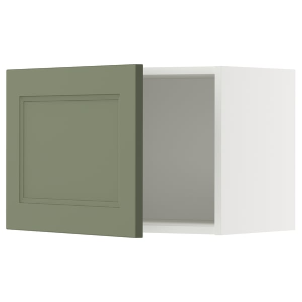 Ikea METOD kitchen cabinet in grey-green with square door and hinged side, set against a white background.