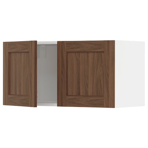 Wooden style kitchen cabinet with dark brown doors. It two wooden doors and white sides. Modern and sturdy design.
