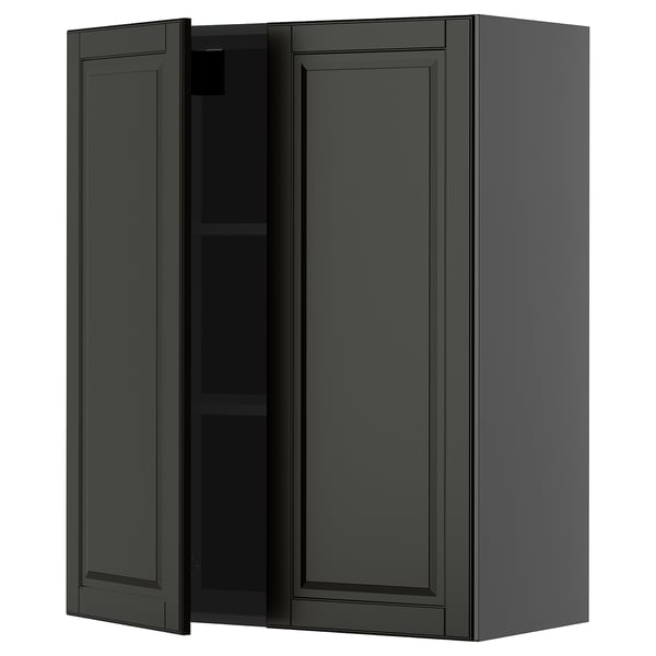 Dark grey kitchen cabinet with two doors, rectangular shape, modern design.