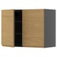 Wooden cabinet with grey sides, minimalist design, two doors open, three shelves revealed.