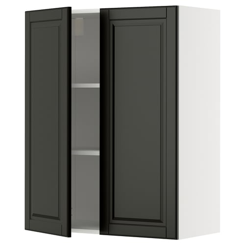 A black METOD kitchen wall cabinet with a bevelled edge door. Its rectangular, with two open doors revealing an adjustable shelf.
