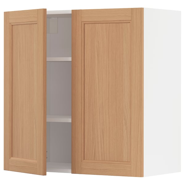 Oak finish METOD kitchen wall cabinet with two doors and a shelf.