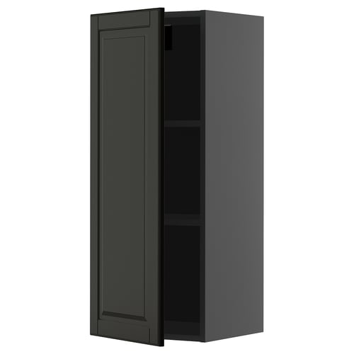 Black METOD kitchen wall cabinet. Sleek, tall, rectangular shape with one adjustable shelf. Modern, minimalist design with bevelled edges.