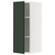 A tall, narrow white and green kitchen cabinet with one door open, revealing grey shelves inside. Modern and sleek design.