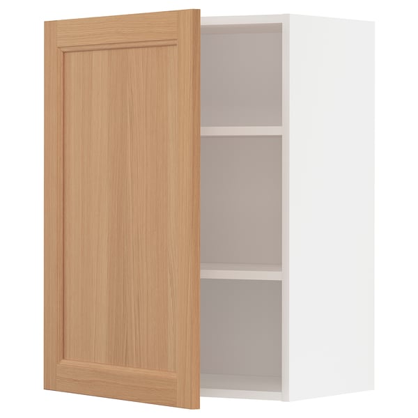 Open oak cabinet with shelves.