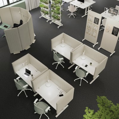 Office workspace with adjustable desks and chairs, green plants, and partitioned working areas.