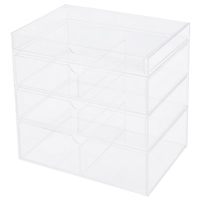 A MOJAN clear acrylic plastic storage with 4 drawers for makeup and jewellery. Square and transparent, it helps easily find items.