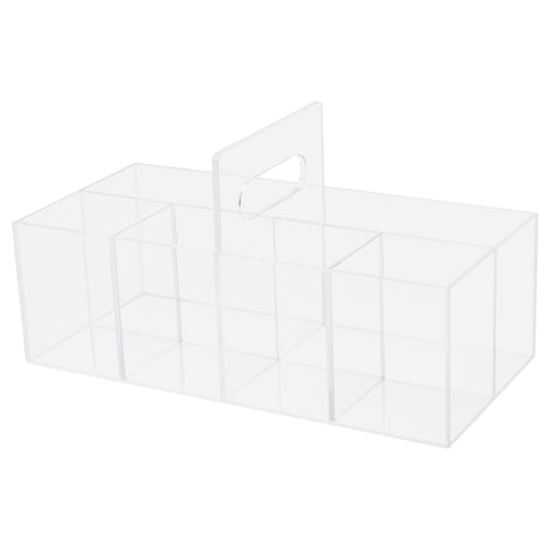 MOJAN clear acrylic make-up organiser with multiple compartments and a sturdy handle.