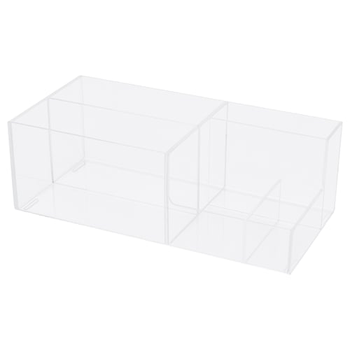 Clear acrylic makeup organiser with multiple compartments, easy visibility.