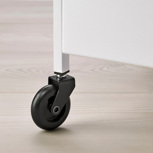 Mobile storage trolley wheel with black tyre and metal stem.