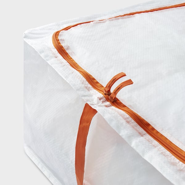 Foldable storage case with strong zip, white fabric, and orange trim; durable, eco-friendly.