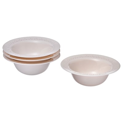 Two stacks of white, round bowls with a patterned rim, made of durable tempered glass.