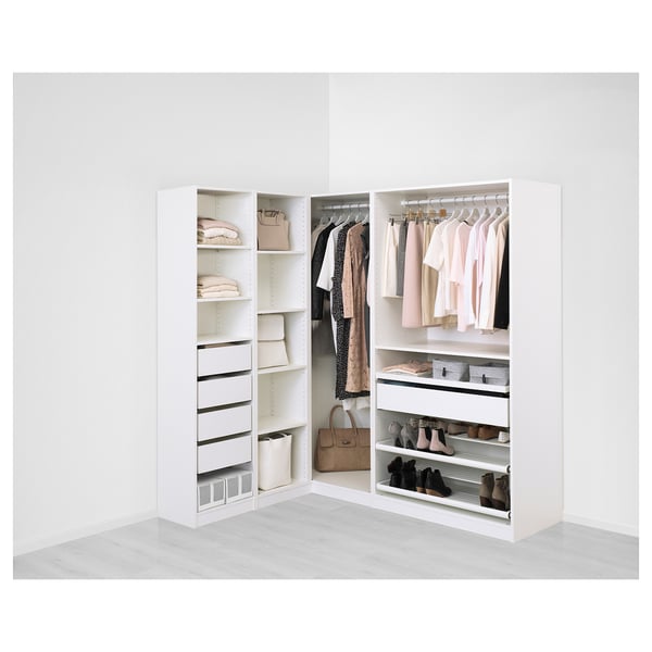 Modern white wardrobe with shelves, drawers, and hanging space, neatly organising clothes and accessories.