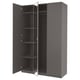 A PAX wardrobe in dark grey with mirrored doors, featuring adjustable shelves.