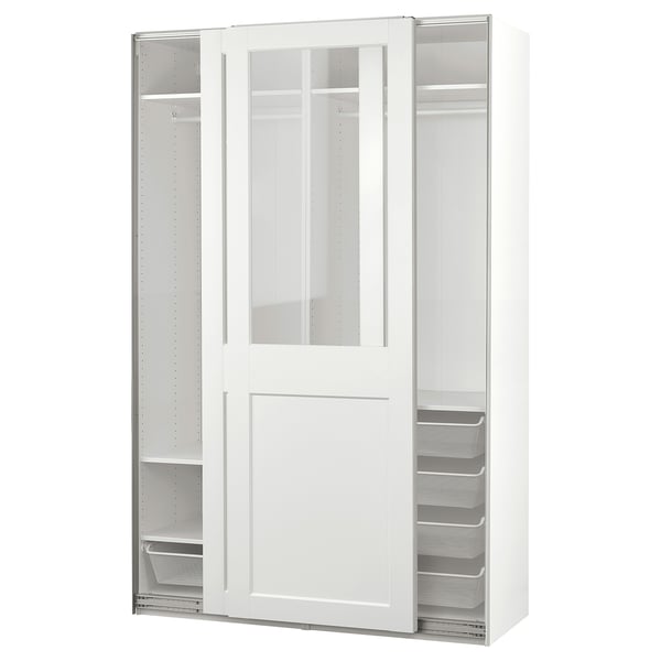 This image displays a white PAX wardrobe with sliding glass doors and mesh drawers. It an organised, minimalist design.