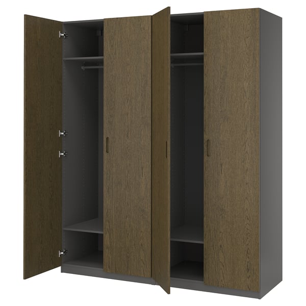 Displays a PAX wardrobe in a wood finish, featuring grey interiors with adjustable shelves and hanging rails, and soft-close doors.