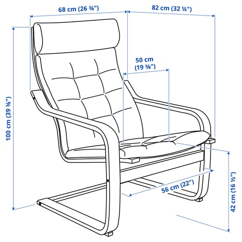 Illustration with measurements for the product: POÄNG.