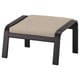 Black POÄNG footstool with beige cushion, sleek design.