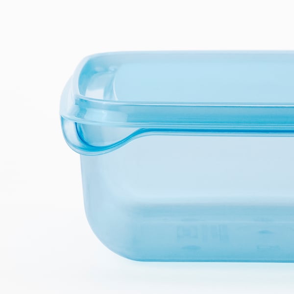 Blue plastic food container with a lid, rectangular shape, good condition, no visible damage.