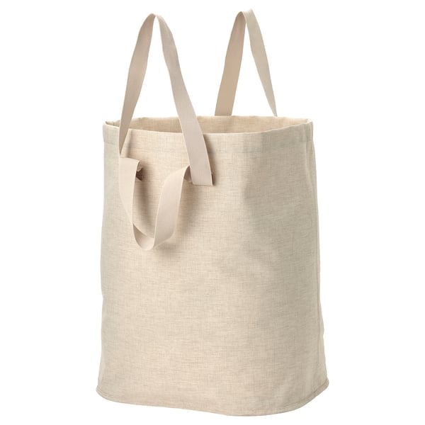 PURRPINGLA beige laundry tote bag with handles and drawstring.