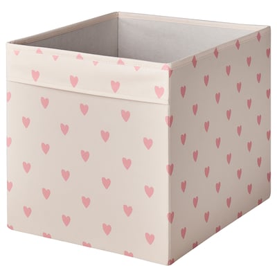 Beige fabric box with pink hearts, shaped for kallax shelf, made of polyester and polypropylene.