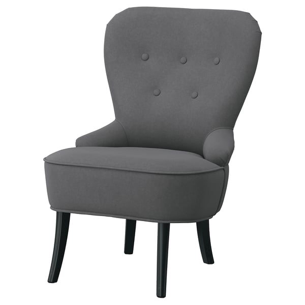 REMSTA grey fabric armchair, softly rounded corners, dark wooden legs.