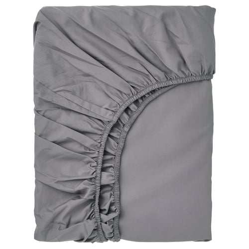 Grey RÖNNVECKMAL bed sheet, crisp cotton percale, rectangular with elastic corners.