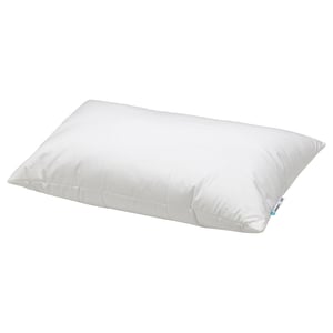 A white SENAPSMOTT pillow with synthetic filling. Its rectangular, offering support for side or back sleepers.