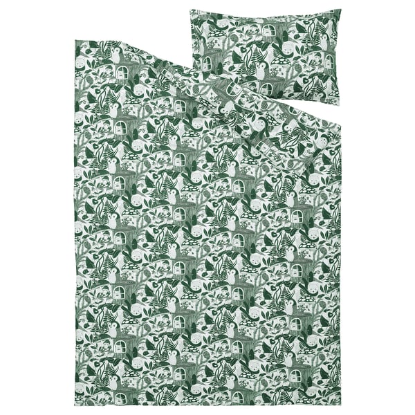 SKOGSDUVA duvet cover and pillowcase, green, cotton/viscose, square shape, hedgehog & friends print.