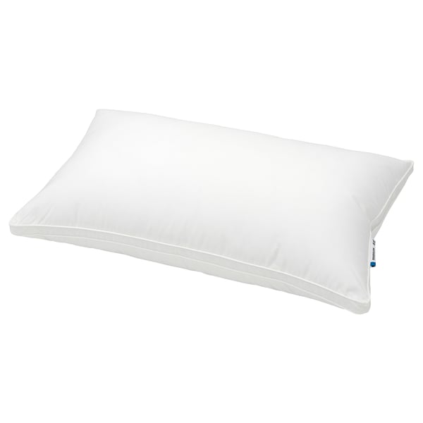 White SKOGSOLVON pillow, soft & supportive, clean edges, smooth.