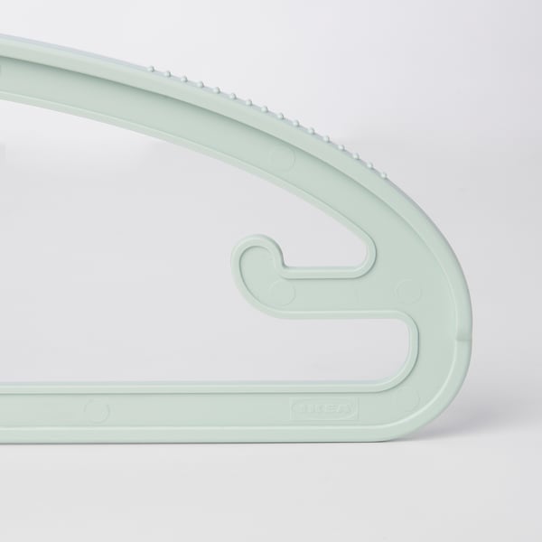 Light green hanger with anti-slip grip, robust design, extra hooks.