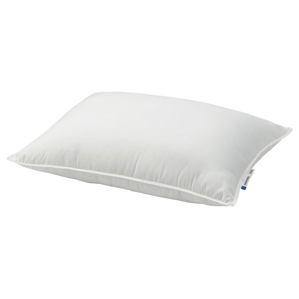 Small white pillow, rectangular, smooth fabric, soft yet firm, ideal for side or back sleepers.