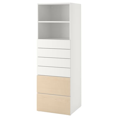 A white SMÅSTAD storage unit, featuring open shelves and drawers. It has a sleek, modern design with wooden drawer fronts.