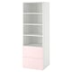 A SMÅSTAD bookcase in white with pink drawers. Four open shelves at the top and two drawers below, perfect for small spaces and childrens rooms.