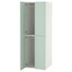 An ikea SMÅSTAD wardrobe. Its tall, white with light green doors, featuring soft-close hinges and adjustable shelves.