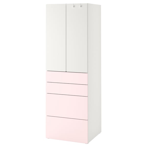 SMÅSTAD white & light pink wardrobe, tall, four drawers, adjustable feet, soft-close doors.