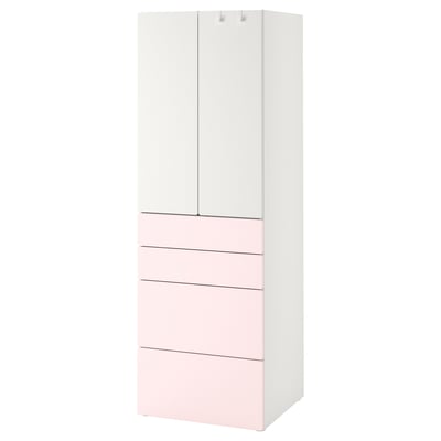 SMÅSTAD white & light pink wardrobe, tall, four drawers, adjustable feet, soft-close doors.