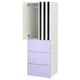 Displays a white ikea SMÅSTAD wardrobe with purple drawers and black-white striped doors.