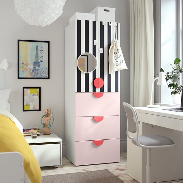 SMÅSTAD wardrobe with stripes and handles. Large storage. Paris poster, art, yellow pillow, rug decorate minimalist room.
