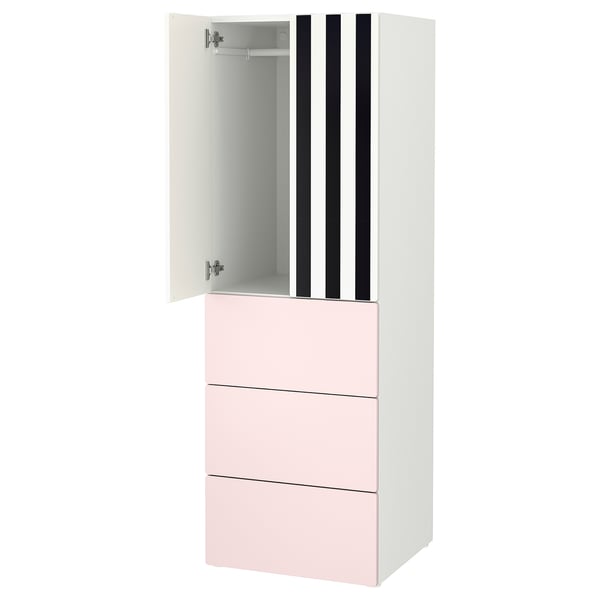 An ikea SMÅSTAD wardrobe, white and light pink, with black stripes on the door, featuring drawers and a closet inside.