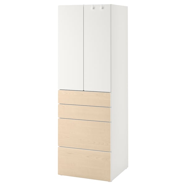 A white SMÅSTAD wardrobe with wooden drawers. It soft-close doors and adjustable feet.