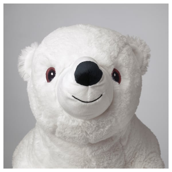 Soft white teddy bear with black nose, smiling, high-quality plush.