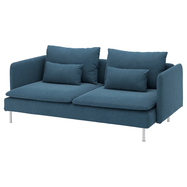 Depicts a modern, teal-blue SÖDERHAMN sofa with loose cushions, featuring a sleek design and steel legs.